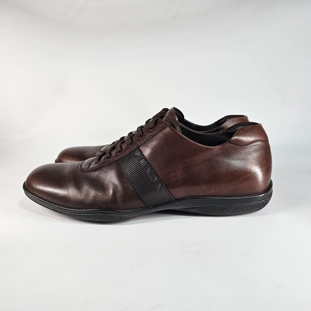 PRADA Sport Leather Low Sneakers Mens Size 11 Brown Solid Italy Shoes Luxury - Picture 2 of 16